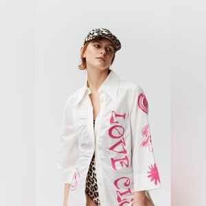 Ganni love club organic cotton linen graphic cover up shirt